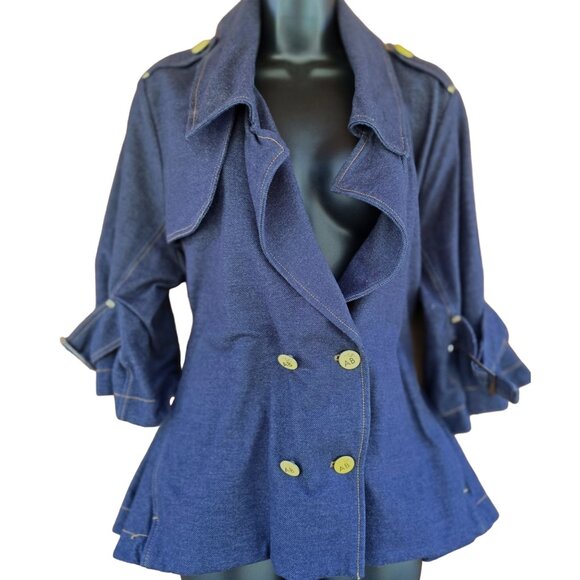 Y2k Double-Breasted Denim Trench Coat With Gold Detail Size L old money feel - Picture 1 of 14